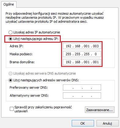 W nowym oknie, które się pojawi należy wybrać Użyj następującego adresu IP i uzupełnić dane.