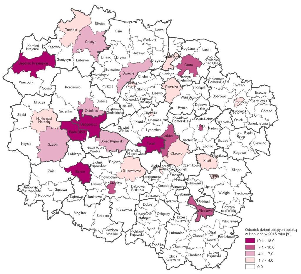 Największy odsetek dzieci objętych opieką w żłobkach w 2015 roku miał miejsce w gminie Białe Błota (18,0%), a 10 jednostek osiągnęło wartość wskaźnika powyżej średniej dla Polski wynoszącej 6,8%,