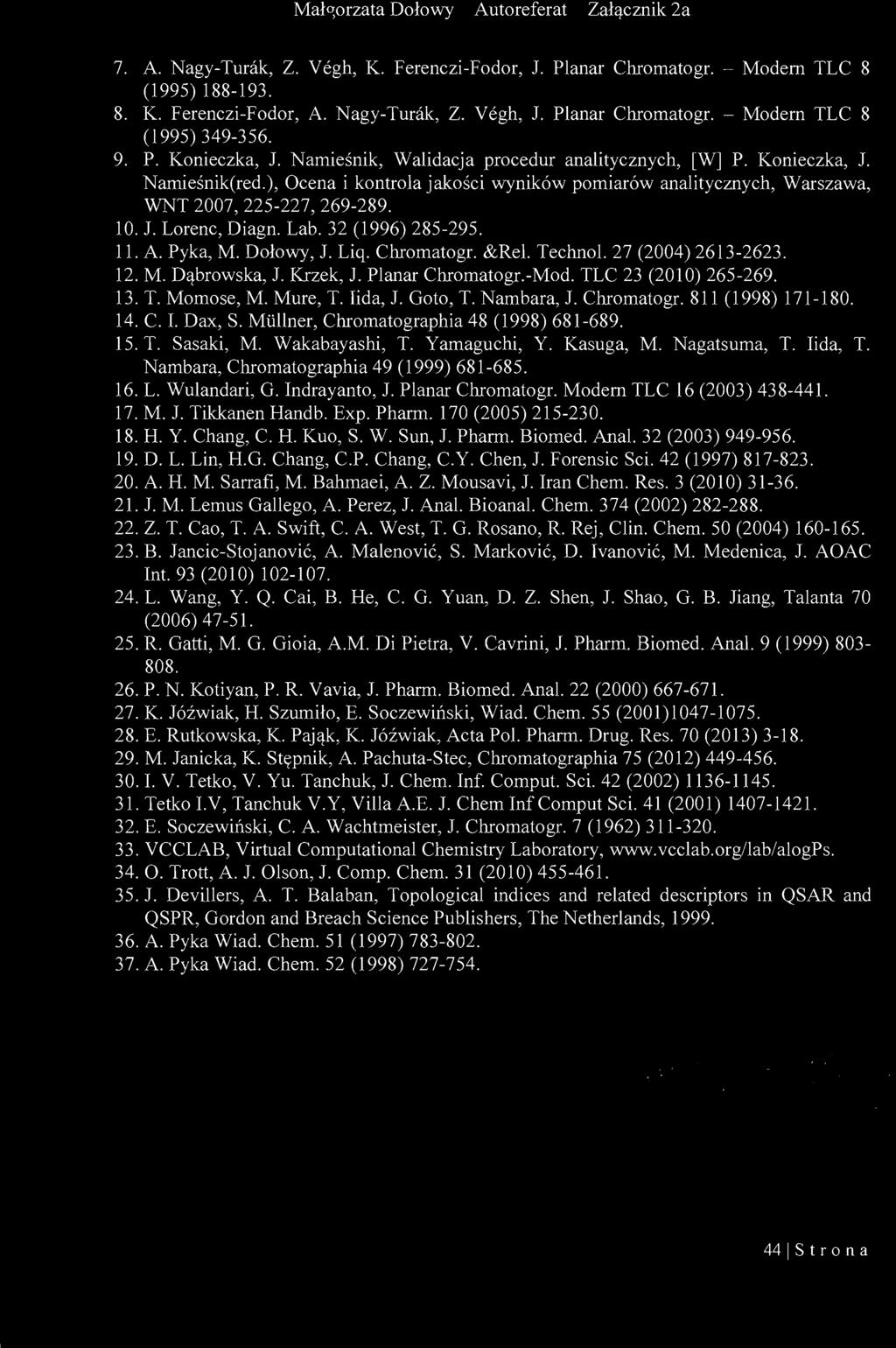 7. A. Nagy-Tunik, Z. Vegh, K. Ferenczi-Fodor, 1. Planar Chromatogr. - Modem TLC 8 (1995) 188-193. 8. K. Ferenczi-Fodor, A. Nagy-Tunik, Z. Vegh, J. Planar Chromatogr. - Modem TLC 8 (1995) 349-356. 9.