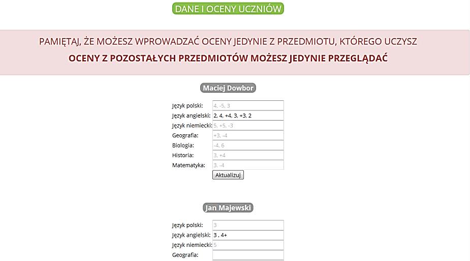 Moduł Nauczyciel pozwala na wprowadzanie ocen uczniów, wysyłanie informacji do uczniów i ich rodziców oraz wpisywanie stosownych uwag (pozytywnych lub negatywnych).