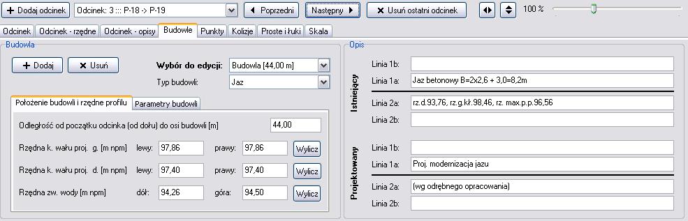 Różne typy budowli (most, jaz, przepust, czy stopień) opisywane są za pomocą różnych parametrów.