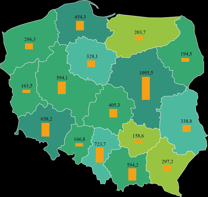 Mapa 1. Wydatki jednostek samorządu terytorialnego na kulturę i ochronę dziedzictwa narodowego według województw w 2016 r.