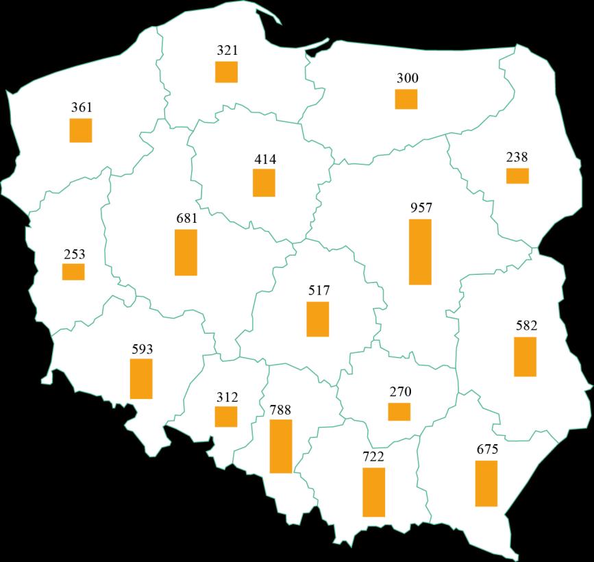 Mapa 6. Biblioteki publiczne i filie według województw w 2016 r. Stan w dniu 31 XII Liczba bibliotek publicznych i filii Wykres 6. Struktura bibliotek a według rodzajów w 2016 r.