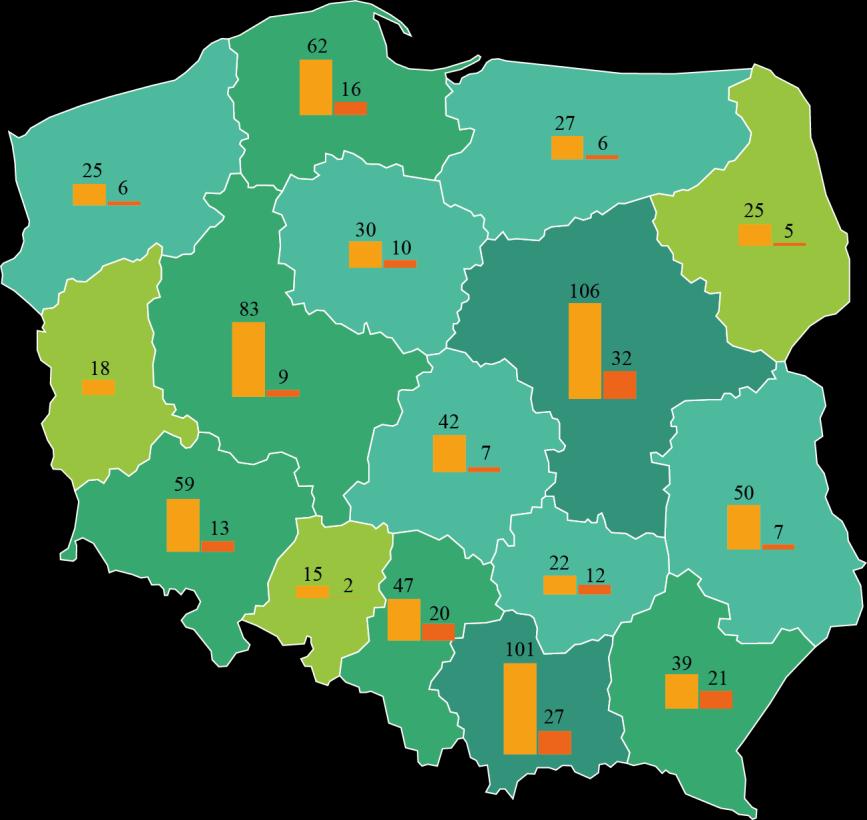 VIII. WYSTAWIENNICTWO Mapa 13. Muzea i oddziały muzealne według sektorów własności oraz zwiedzający według województw w 2016 r.