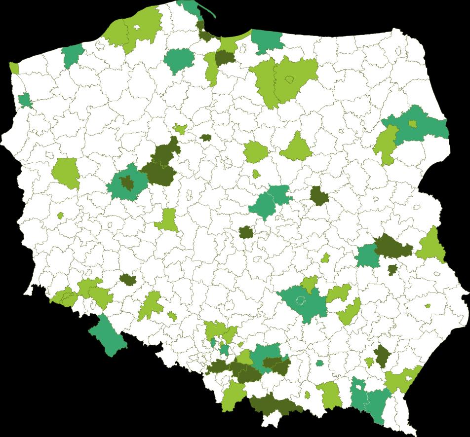 Mapa 14. Powiaty i miasta na prawach powiatu z piątej grupy kwintylowej rankingu według liczby zwiedzających muzea i oddziały muzealne w 2016 r.