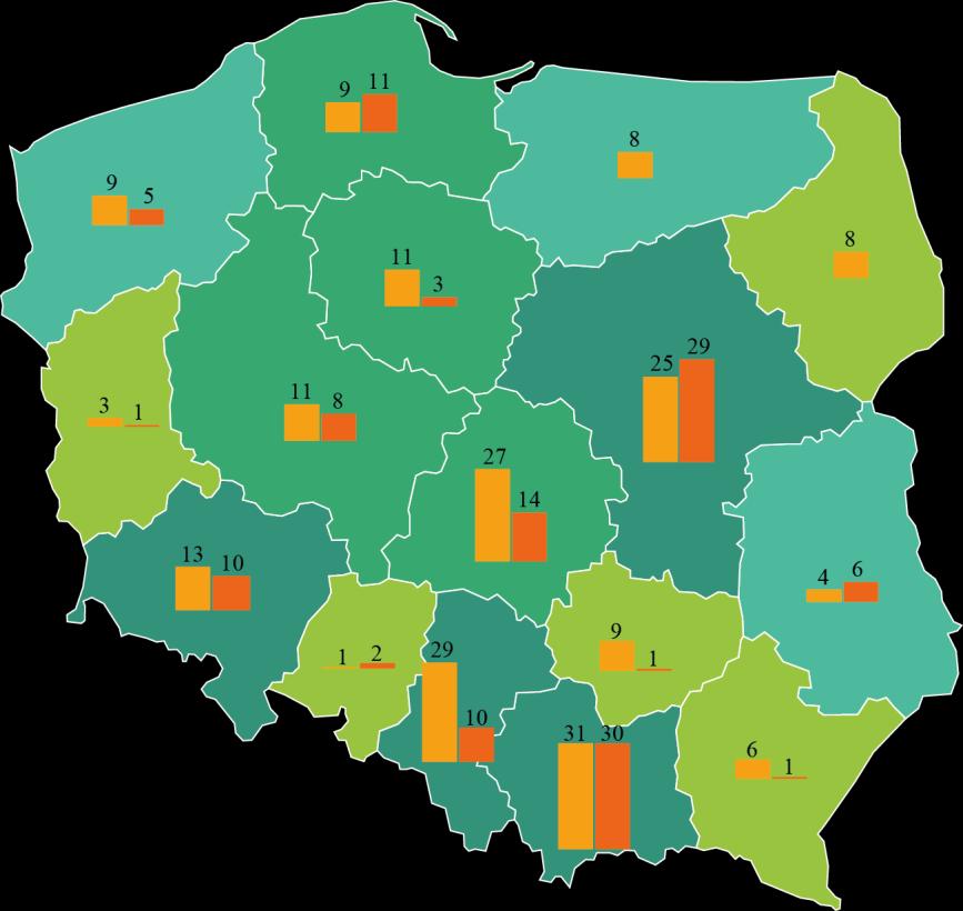 Mapa 15. Galerie i salony sztuki według sektorów własności oraz zwiedzający według województw w 2016 r.