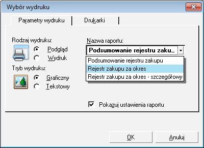 Dla powyższych wydruków zostało zmodyfikowane okno parametrów wydruku.