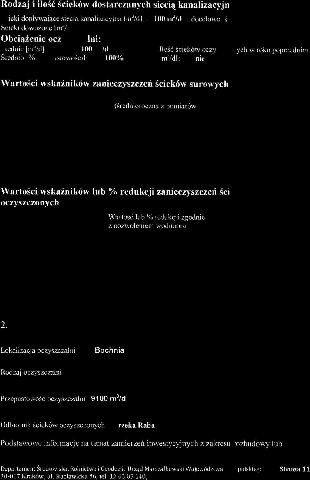 Itodzaj i ilo*{ $eiekow dost*rffianych sieeiq kanalizar_vjn ieki dolrlv*''aiace siecia kanaliar*,iita lm'lcil:... 100 m'/d... cioc*iinta I Scieki d+rvciorre [m'/ Gbei+*enie eeu lni: rsdriie ln} rfff.