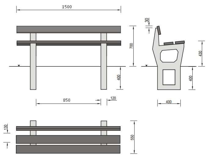 Opis ławki: - nogi wykonane z wibrowanego betonu C25/30, - siedzisko i oparcie wykonane w całości z