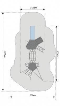 Zestaw zabawowy - Wymiary urządzenia 3,61m x 8,05m; wysokość podestów 1,26m, maksymalna wysokość 2,43m - Strefa funkcjonowania/upadku 6,60m x 11,55m - Wysokość swobodnego upadku