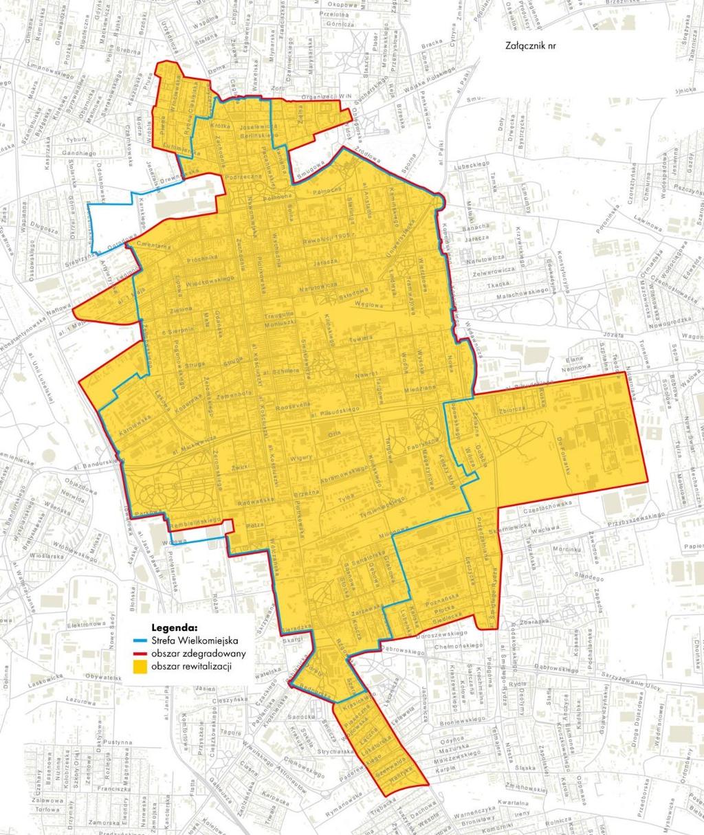 Rysunek 9. Granice obszaru zdegradowanego (i rewitalizacji) wyznaczone na podstawie analizy prowadzonej z wykorzystaniem jednostek modularnych (heksagonów) Źródło: http://centrumwiedzy.