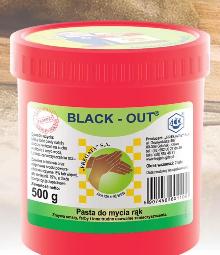 Black-out niezawodnie usuwa z rąk: Smary i oleje techniczne Smoły i sadze Tłuszcze i farby Ziemię Wiele innych ciężkich zabrudzeń Polecany do