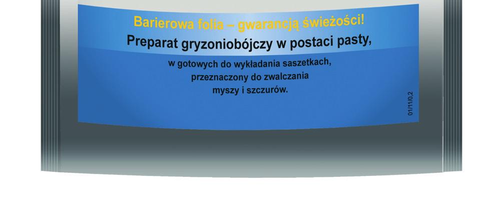 0,005% bromadiolone (antykoagulant) silnie gorzką substancję zniechęcającą do spożycia przez ludzi Preparat należy wykładać w miejscach stwierdzenia