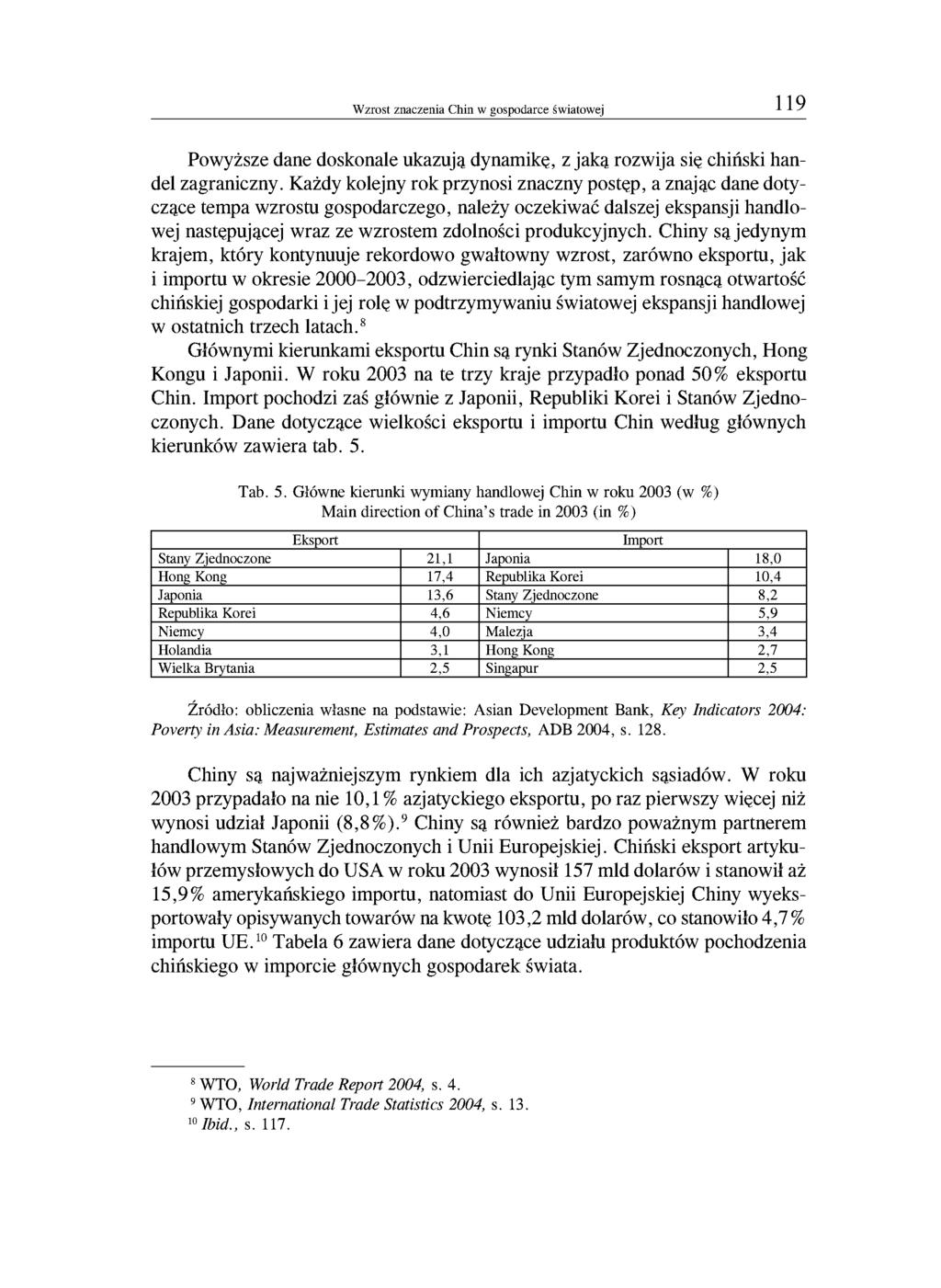 Wzrost znaczenia Chin w gospodarce światowej 119 Powyższe dane doskonale ukazują dynamikę, z jaką rozwija się chiński handel zagraniczny.