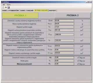 prowadzenia odgazowania próbki. Z uwagi na fakt poboru dwóch próbek węgla program zawiera w tej części dwa okna pomiędzy którymi należy się przemieszczać klikając PRÓBKA 1 lub PRÓBKA 2.