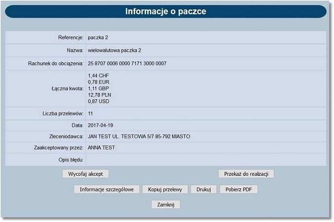 Formatka ze szczegółowymi informacjami paczki o statusie Gotowa do przekazania.