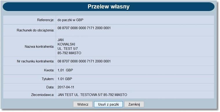 Operacja usunięcia z paczki wymaga potwierdzenia i zaprezentowany zostanie komunikat: "Czy na pewno chcesz usunąć (wypakować) przelew z paczki?