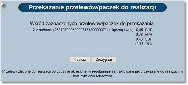 Użycie przycisku [Przekaż] spowoduje wysłanie dokumentów i/lub paczek oraz zmianę statusu dokumentu i/lub paczki na Przekazane do realizacji lub Zrealizowane, jeśli jednocześnie nastąpi księgowanie w