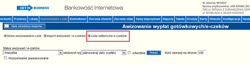 I Lista odbiorców e-czeków 1. Lista odbiorców e-czeków Nowa funkcjonalność pozwala na zarządzanie listą odbiorców e-czeków.