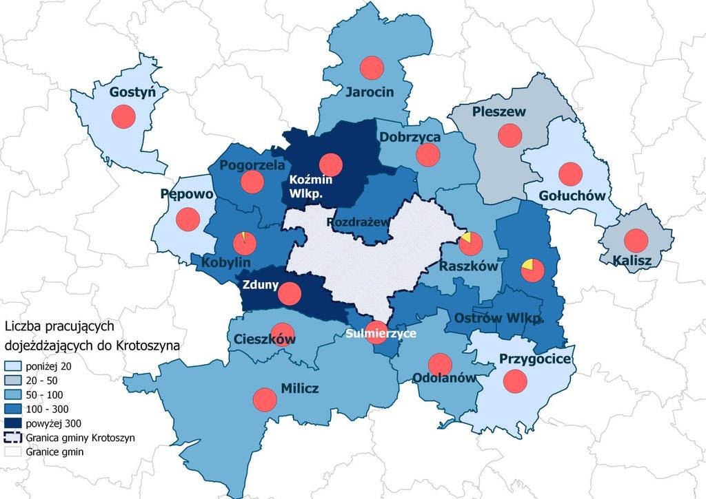 Mapa 3. Dojazdy do pracy ludności w sytuacji, gdy miejscem pracy jest gmina Krotoszyn Źródło: opracowanie własne na podstawie dokumentu "Dojazdy do pracy.