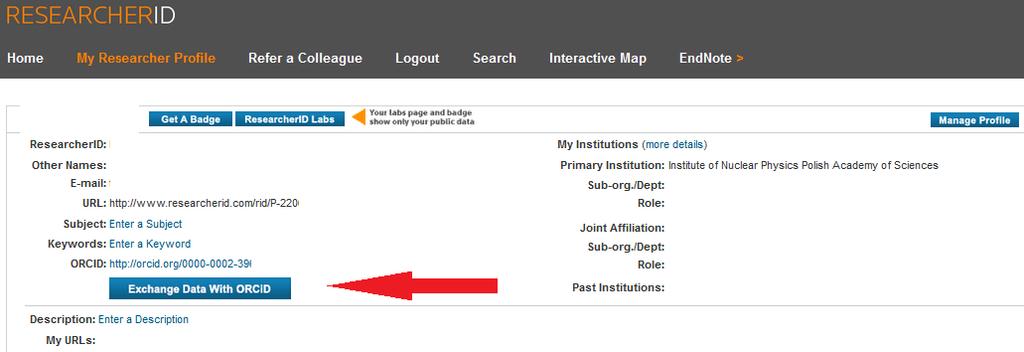Aby wysłać publikacje z ResearcherID do ORCID należy nacisnąć