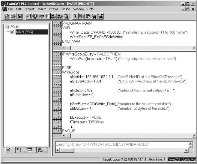 Charakterystyka pracy EtherCAT Parametryzacja poprzez EtherCAT I 6 6.3.3 Przykład zapisu parametru w TwinCAT poprzez EtherCAT Aby zapisać parametr do dyspozycji mamy funkcję SDO-WRITE.