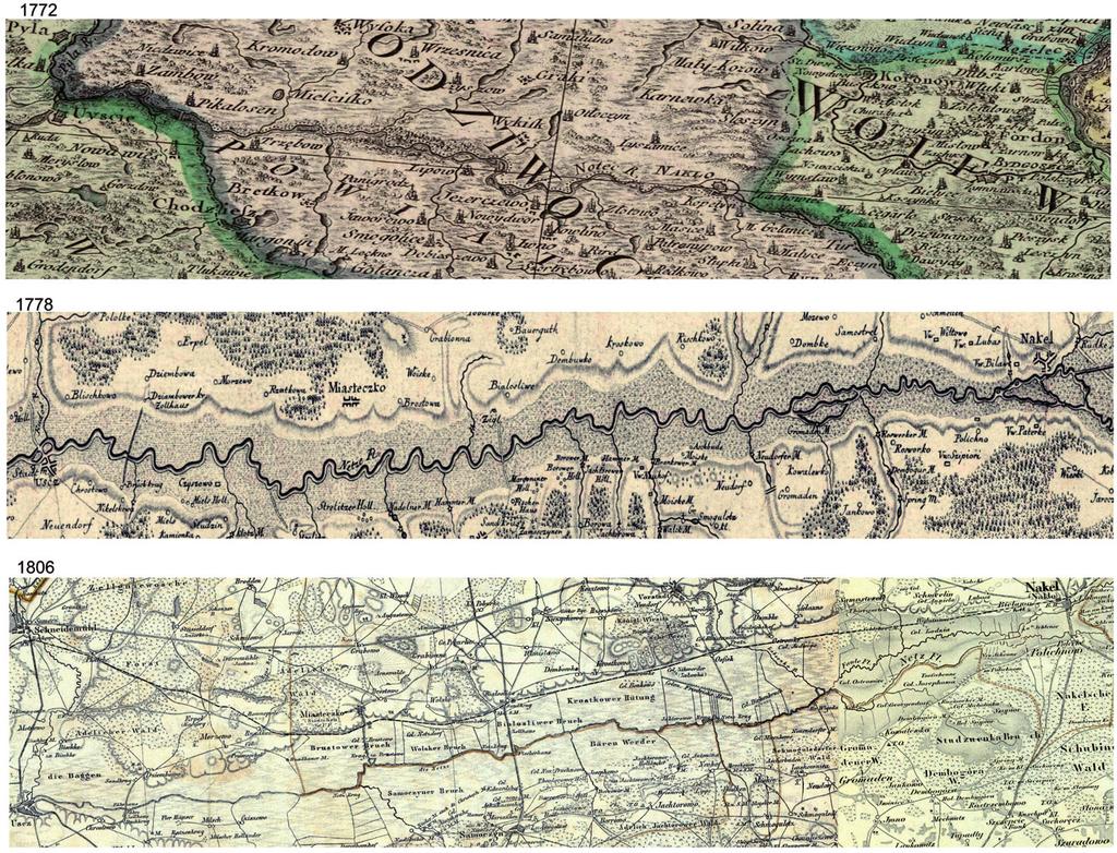 ZMIANY KORYTA NOTECI W JEJ ŚRODKOWYM ODCINKU 73 a b Ryc. 3. Przebieg Noteci wzdłuż analizowanego odcinka od drugiej połowy XVIII w.