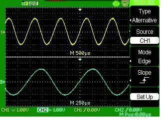 Wyzwalanie naprzemienne Gdy używa się wyzwalania naprzemiennego, to sygnał wyzwalający nadchodzi z dwóch kanałów. W trybie tym można obserwować w tym samym czasie dwa sygnały niezależne od siebie.
