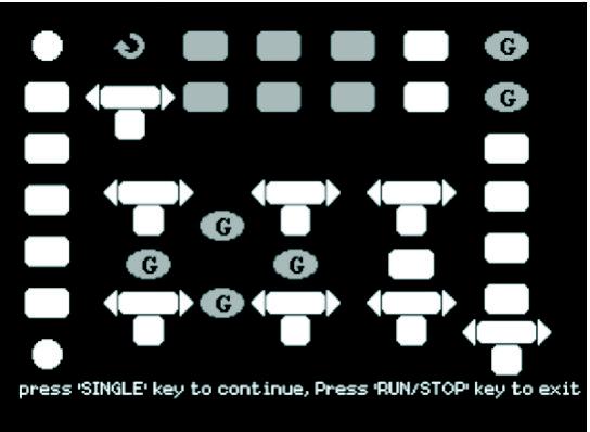 Test ekranu Wybrać Screen Test (test ekranu), aby wejść w interfejs sprawdzania ekranu. Pojawi się komunikat Press 'SINGLE' Key to continue. Press 'RUN/STOP' Key to exit.