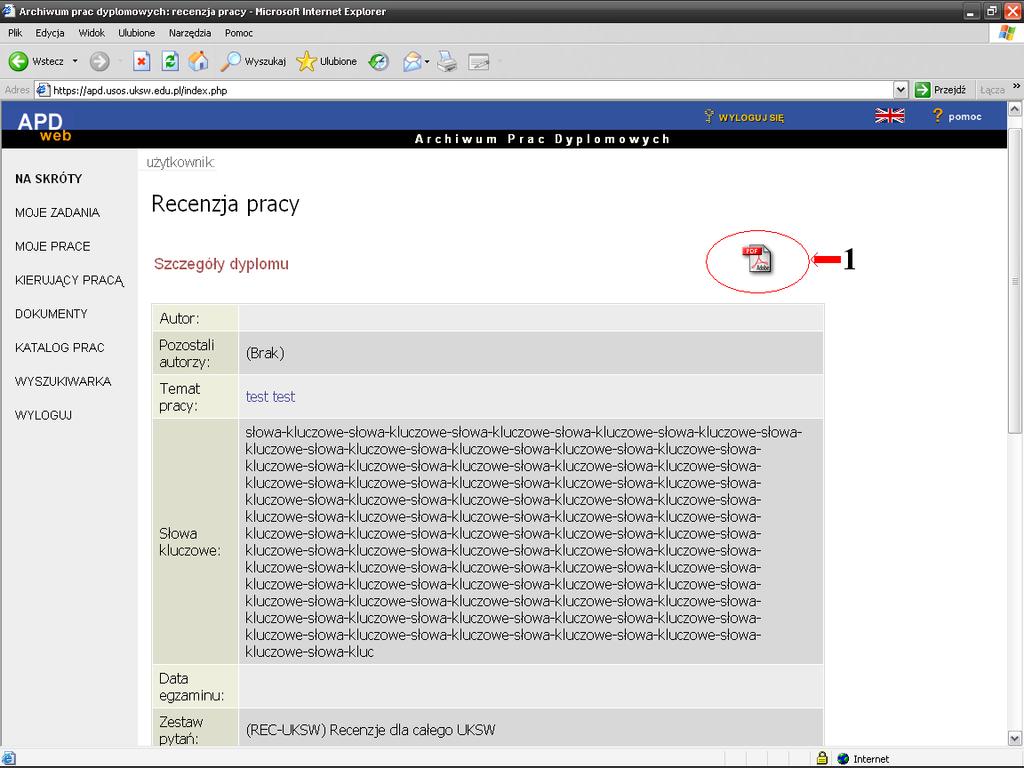 Drukowanie recenzji Następnie na górze strony nowo załadowanej pojawi nam się ikonka formatu PDF 1 Po kliknięciu na ikonę otworzy nam się recenzja do wydrukowania Recenzje należy