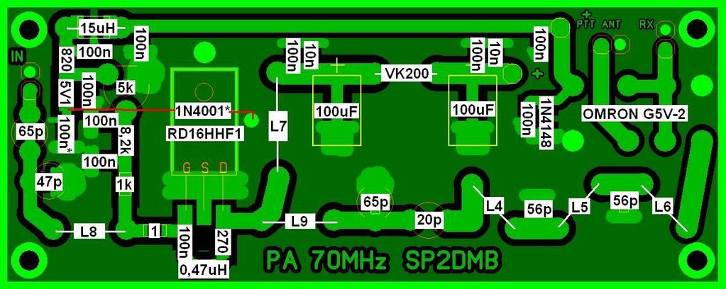 Pamiętaj o zmniejszeniu mocy w transceiwerze do 5W!!! Podłączamy napięcie 13,8V do PA poprzez miernik prądu. Naciskamy PTT. Ustawiamy PR-kiem prąd rzędu 170mA na początek.