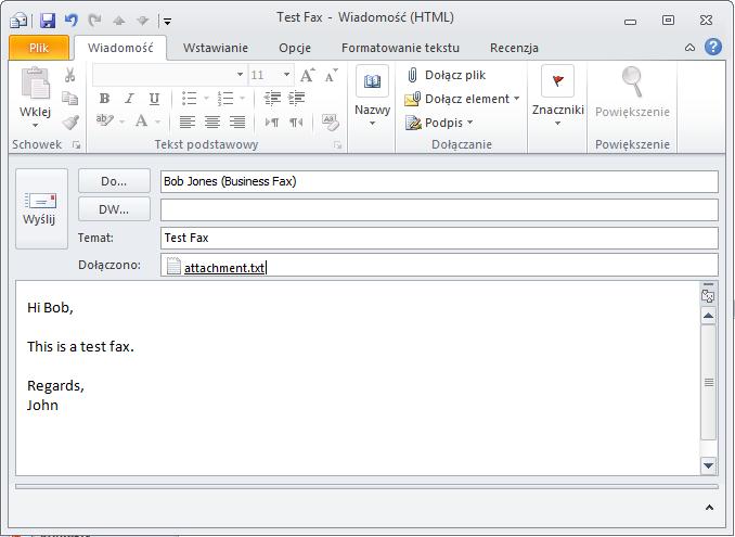 Screenshot 6: Wysyłanie faksów z programu Microsoft Outlook Ważne uwagi: 1. Ta metoda transmisji umożliwia konwertowanie faksów do formatu (*.fax) na serwerze GFI FaxMaker.