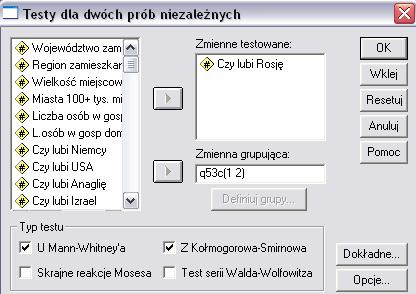 Wyświetlające się okno wypełnimy: Podobnie jak w przypadku analogicznego testu parametrycznego, należy zdefiniować kategorie zmiennej grupującej ( q53c ), które