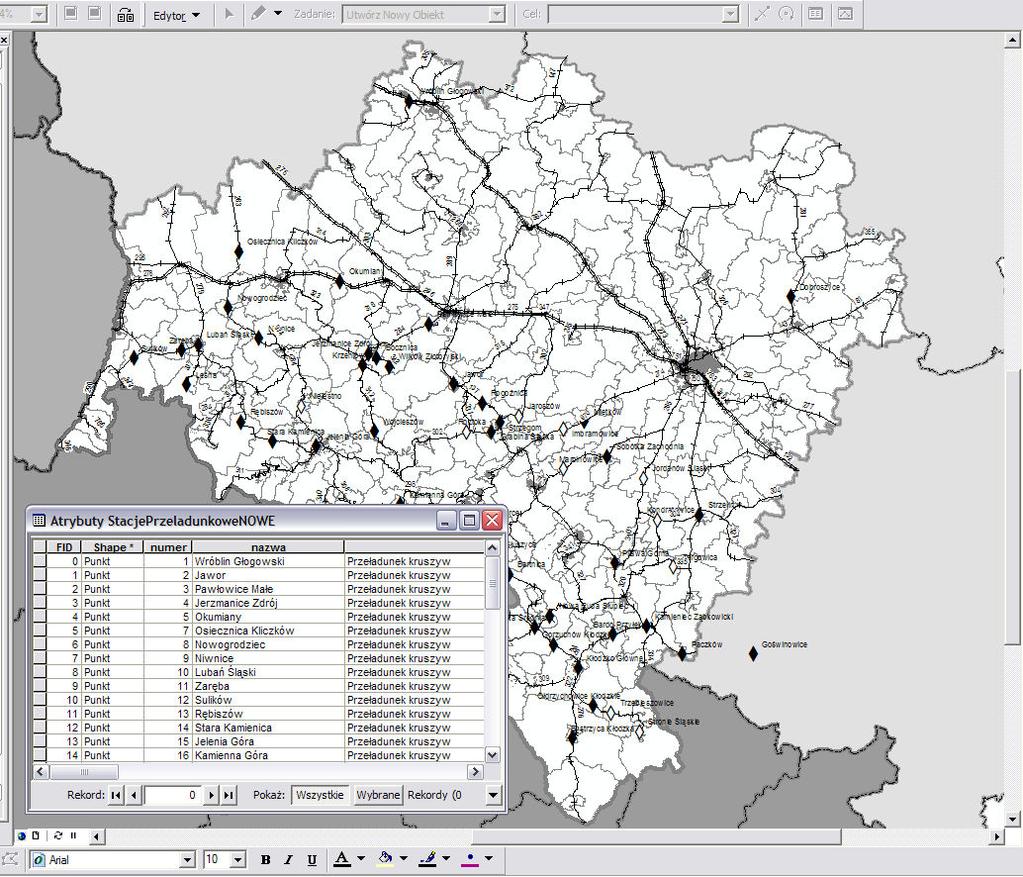 BAZA DANYCH INFRASTRUKTURY KOLEJOWEJ Układ i stan sieci kolejowej Dolnego Śląska (na bazie RailMap), Lokalizacja stacji przeładunkowych - punkty ładunku kruszyw, - stacje