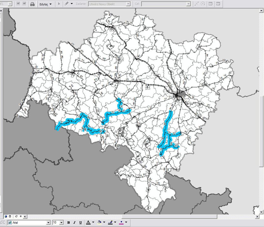 Warstwa sieci linii kolejowych (linie proponowane do rewitalizacji) 19   Warstwa sieci linii kolejowych (charakterystyka linii oraz punkty ładunku kruszyw) 20