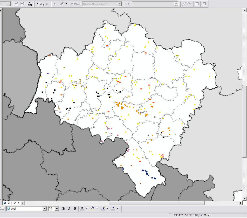 ROZKŁAD PRZESTRZENNY RODZAJÓW ZŁÓŻ SUROWCÓW SKALNYCH NA DOLNYM ŚLĄSKU Złoża kopalin na zagospodarowanie których koncesje wydaje marszałek województwa 280 obiektów, Podziałze względu na typ