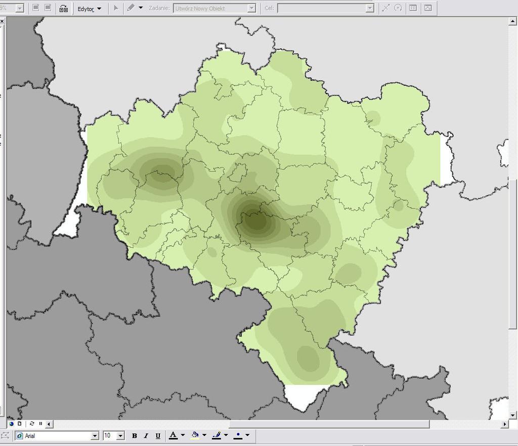 Narzędzie ArcGIS Spatial Analyst ArcToolbox Spatial Analyst Tools Gęstość Punktu ROZKŁAD GĘSTOŚCI ZAGOSPODAROWANYCH ZŁÓŻ SUROWCÓW SKALNYCH NA DOLNYM ŚLĄSKU Funkcja