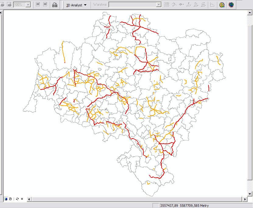 BAZA DANYCH DRÓG OBCIĄŻONYCH TRANSPORTEM SUROWCÓW SKALNYCH Wektoryzacjana podstawie materiałów ze starostw powiatowych, Brak informacji ilościowej przedstawia występowanie zjawiska a nie jego