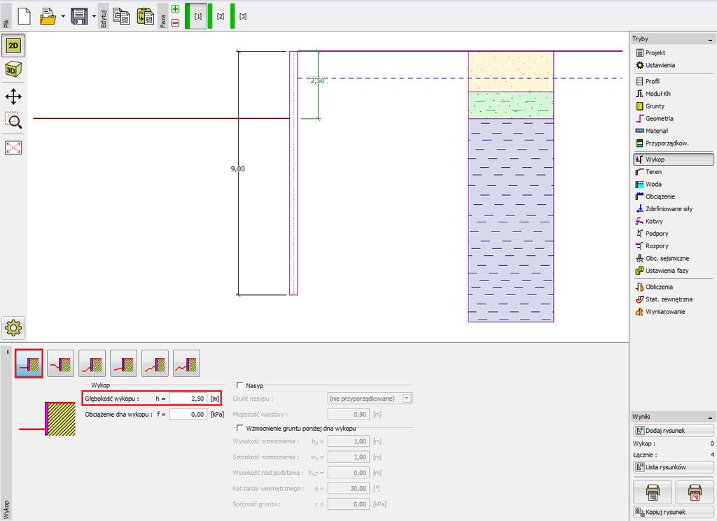 Przejdź do ramki "Wykop" i wybierz kształt dna wykopu oraz wprowadź jego głębokość w pierwszej fazie głębienia wykopu jako 2,5m poniżej korony ściany.