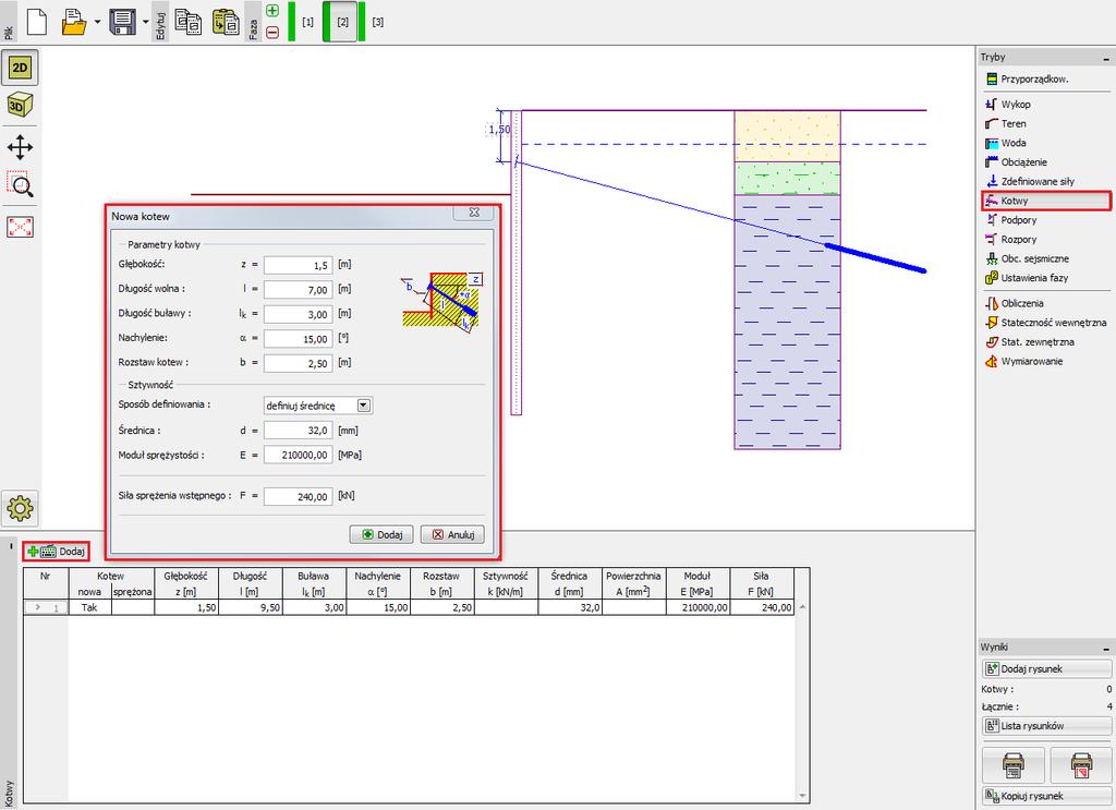 Okno dialogowe "Nowa kotew" Uwaga: W przypadku ścian kotwionych zaleca się wprowadzanie kotew i głębienia wykopu w odrębnych fazach budowy.