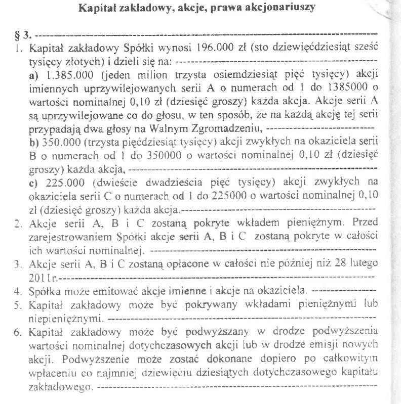 Akcje Serii A zostały zarejestrowane w Krajowym Rejestrze Sądowym w dniu 15 kwietnia 2011 roku.