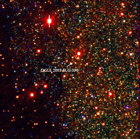 OGLE-2005-BLG-390 Zdjęcie True-colour pola gwiazd wokół OGLE 2005-BLG-390, uzyskane ze złożenia klatek w filtrach VRI (PLANET duński teleskop 1.