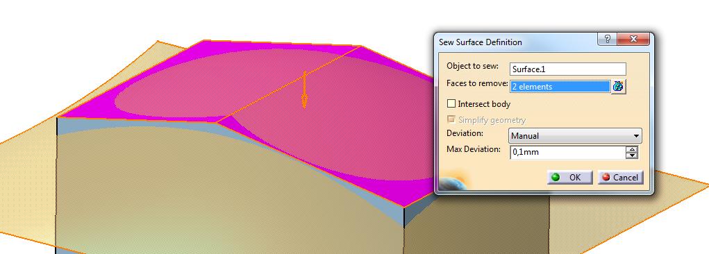 Part Design CATIA V5-6R2016 Sew surface rozszerzenie funkcjonalności; Podczas przyszywania