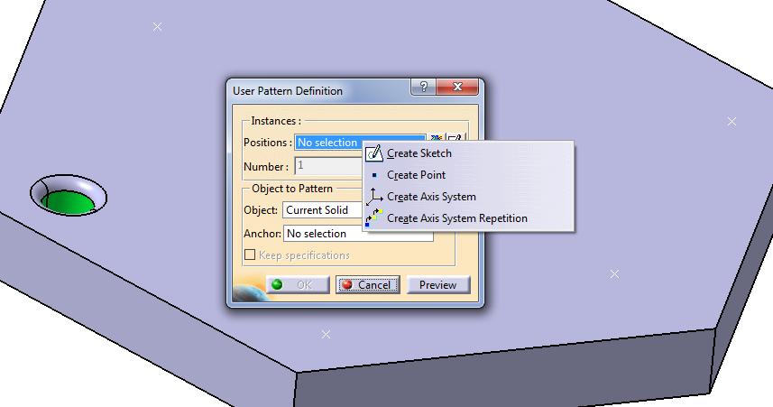 Part Design CATIA V5-6R2016 User Pattern rozszerzenie funkcjonalności; Podczas używania szyku użytkownika w miejscu