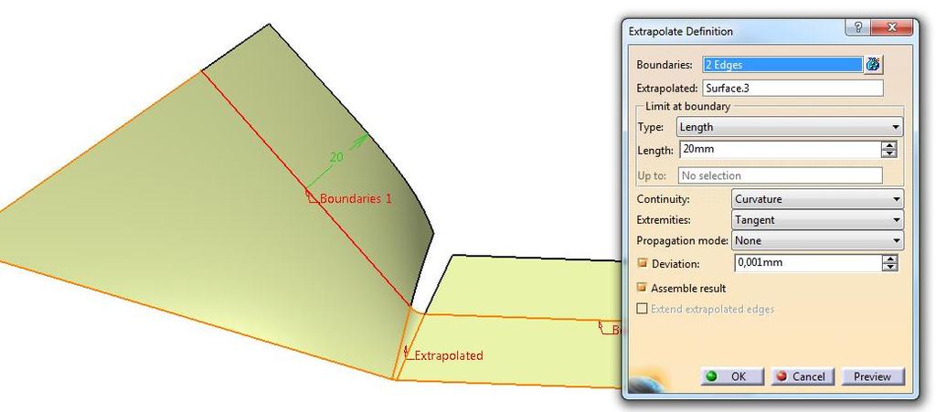 Generative Shape Design CATIA V5-6R2016 Extrapolate rozszerzenie funkcjonalności; W przypadku ekstrapolacji powierzchni (gdy typ ciągłości wybrany jest jako Curvature) możemy