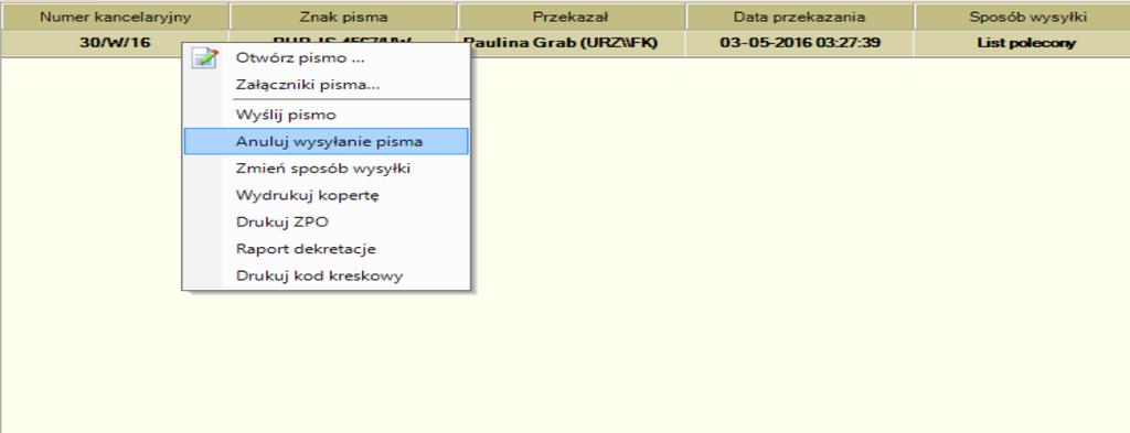Usunięto pisma anulowane w raportu Pocztowa