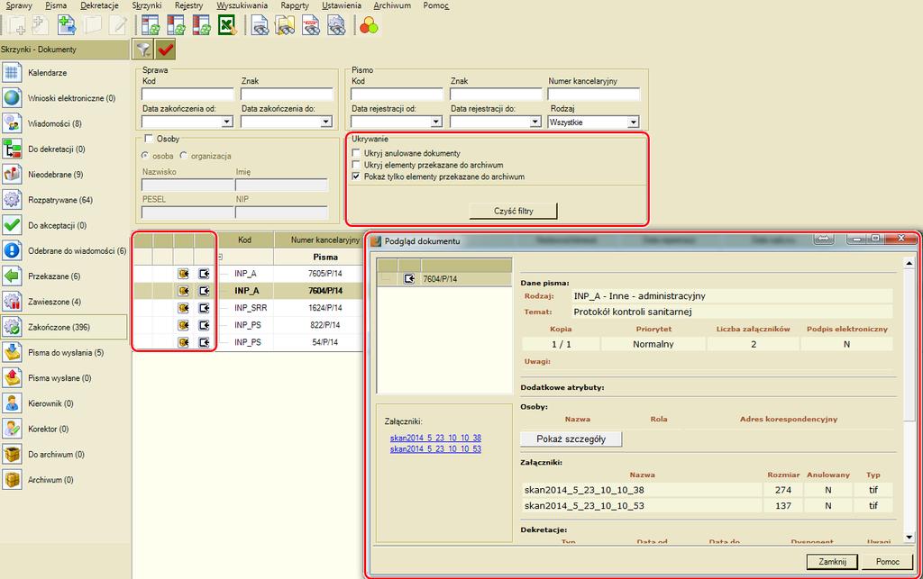 Pisma i Sprawy przekazane do repozytorium można wyfiltrować w