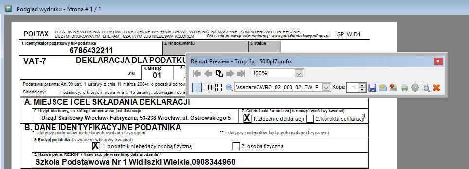 Rejestr VAT Optivum. Jak przygotować deklarację VAT-7 oraz jednolity plik kontrolny? 5/7 7. Obejrzyj i wydrukuj dokument. Skorzystaj z ikony na pasku narzędzi. 8.