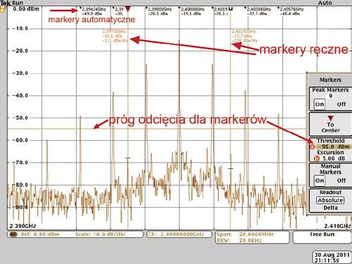 Oscyloskop MDO4054-3 połączenie dziedzin Rysunek 4. Widmo uzyskiwane w eksperymencie Multiple Peaks częstotliwość, tym jaśniej jest rysowany odpowiadający jej punkt.