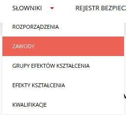 Rys. 36 Okno dodawania wartości do słownika Rozporządzenia 5. Po dodaniu rozporządzenia, Użytkownik może je wyszukać w rejestrze po opisie. 8.2 Zawody W celu dodania zawodu, Użytkownik: 1.